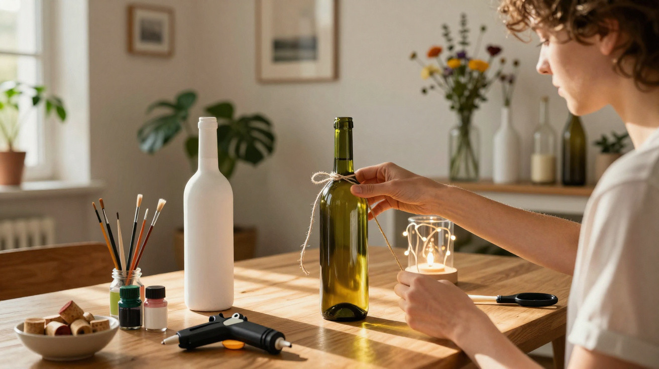 Pessoa decorando garrafa de vidro com corda em mesa com materiais de artesanato e pincéis em ambiente iluminado