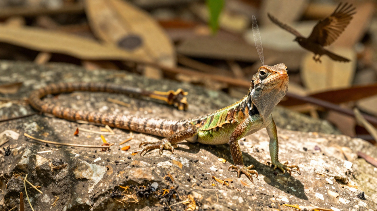Lagarto colorido sobre pedra observa pássaro voando próximo em ambiente natural com folhas secas.