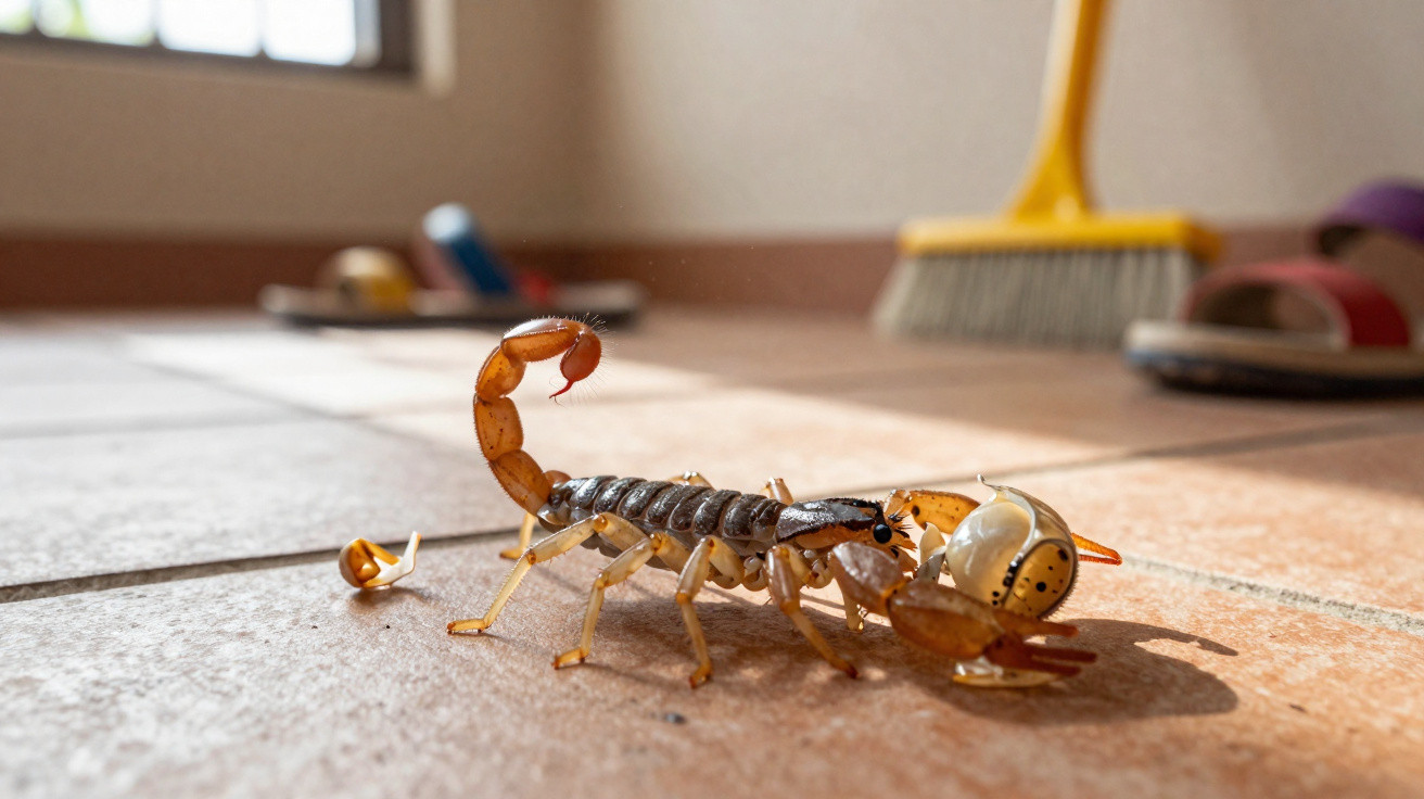 Escorpião segurando um besouro na boca sobre piso de cerâmica em ambiente interno.