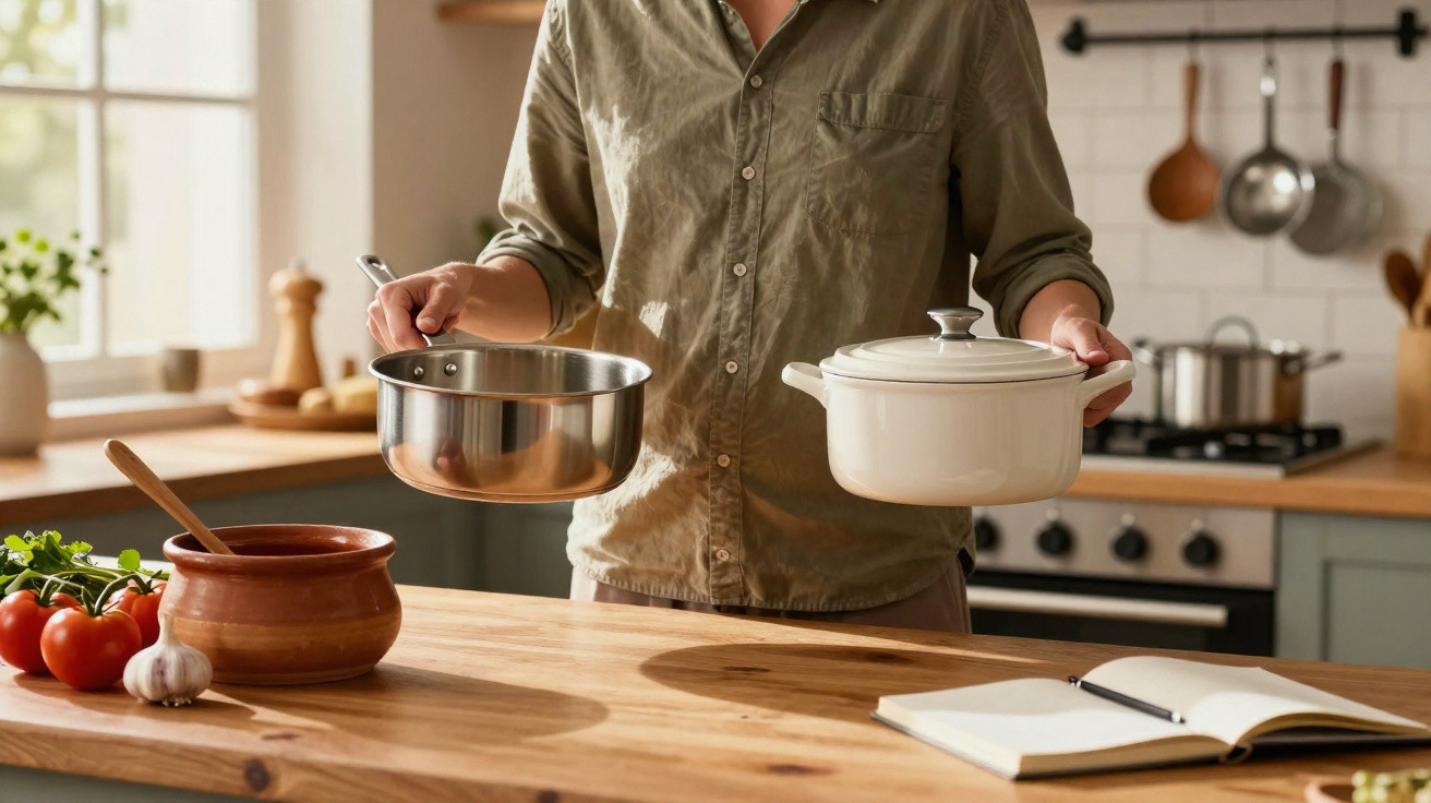 Pessoa segurando panela de aço inox e panela branca na cozinha com legumes e caderno aberto na bancada de madeira.