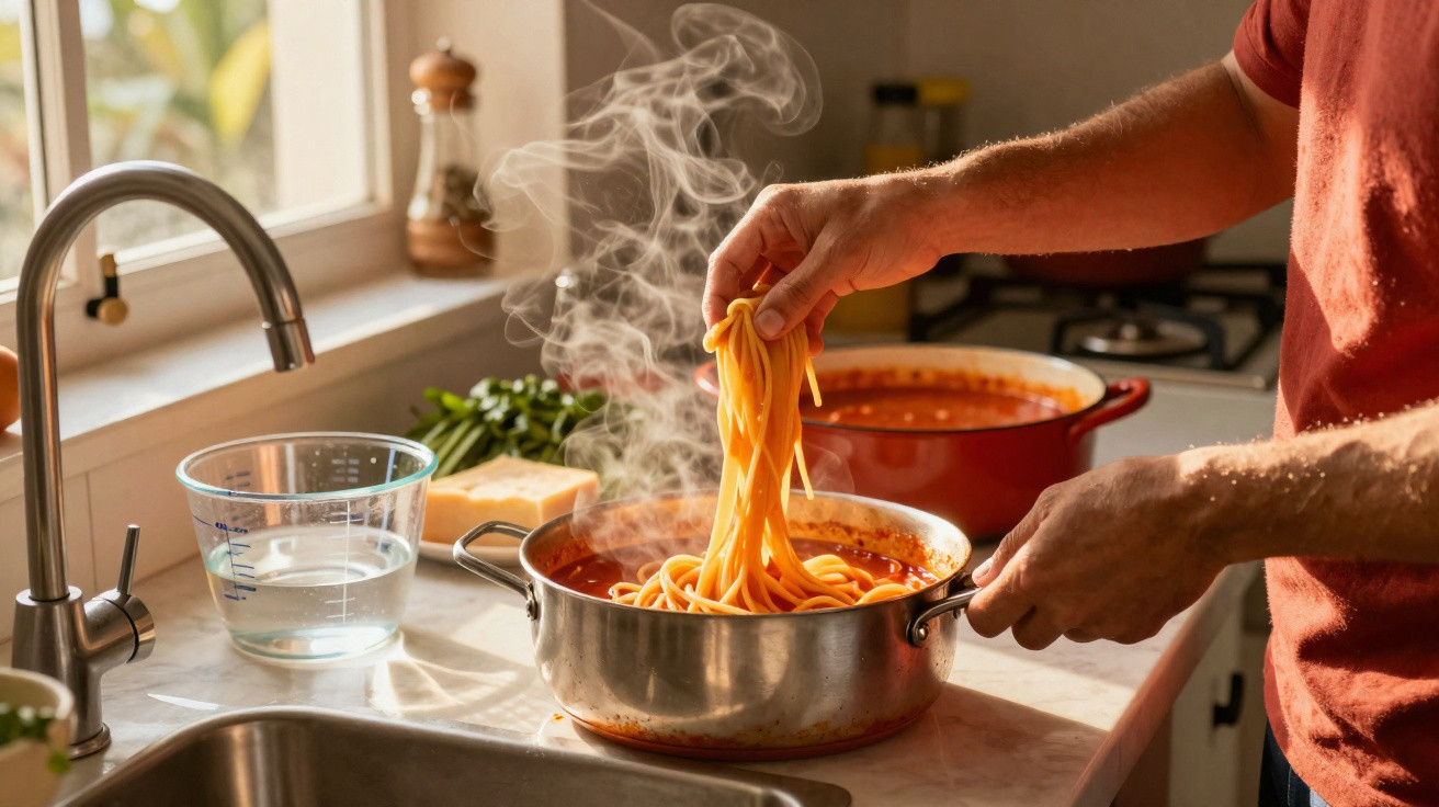 Pessoa cozinhando espaguete em panela com molho vermelho em cozinha iluminada pela luz natural.