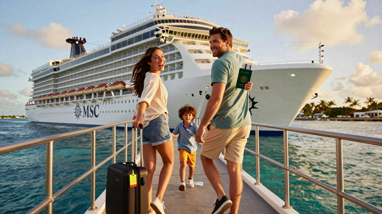 Família sorridente com malas embarcando em navio de cruzeiro MSC ao pôr do sol.