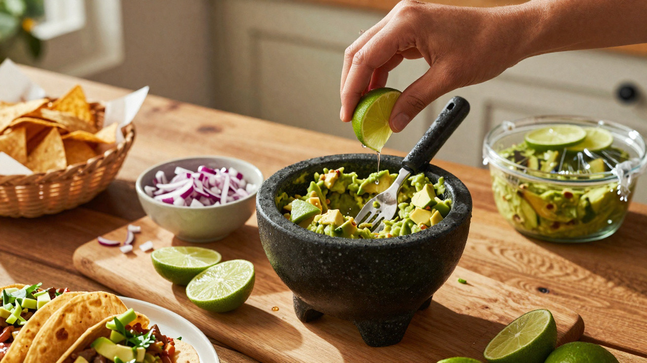Pessoa espremendo limão em um molcajete com guacamole ao lado de tacos e chips de tortilla.
