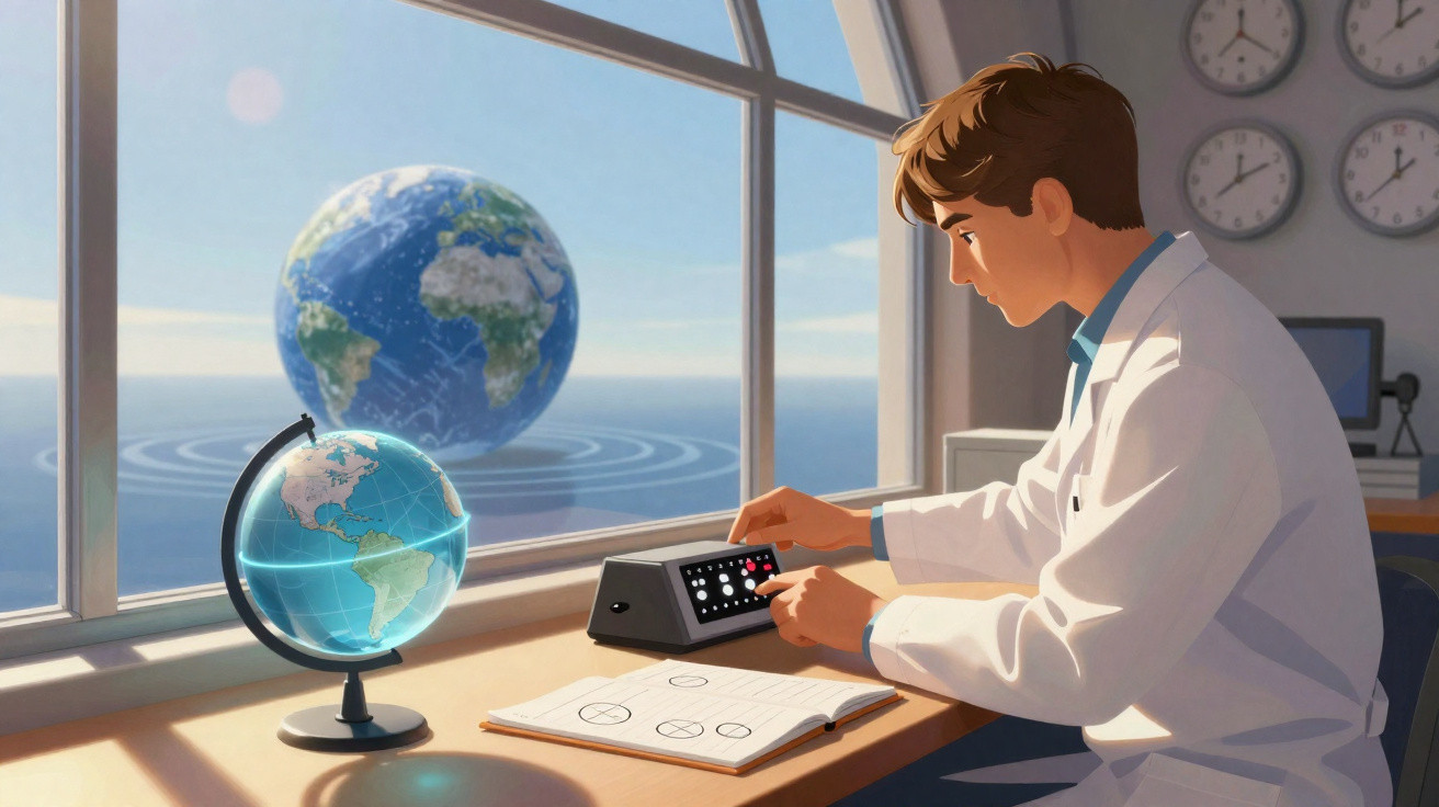 Homem de jaleco em laboratório com globo terrestre, usando controle eletrônico em frente a janela com vista do planeta Terra.