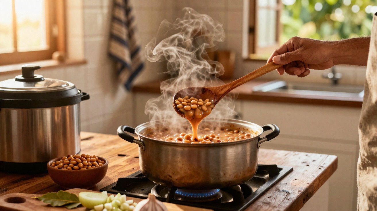 Pessoa mexendo feijão com colher de pau em panela fumegante no fogão em cozinha iluminada naturalidade.
