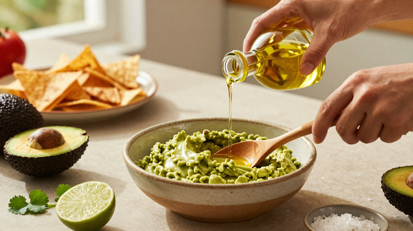 Pessoa despejando azeite sobre guacamole em tigela com abacate, limão, coentro e nachos ao fundo.