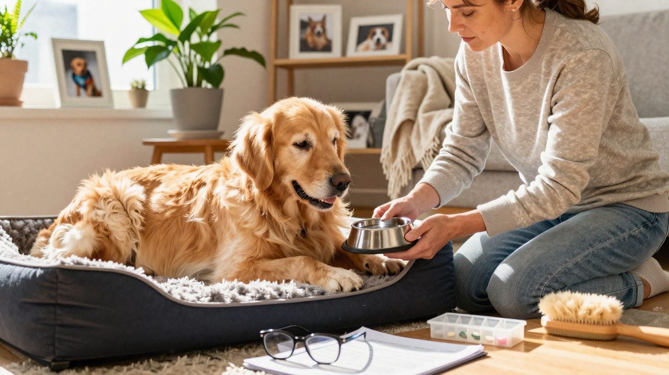Mulher alimenta um golden retriever deitado em sua cama em ambiente interno iluminado.
