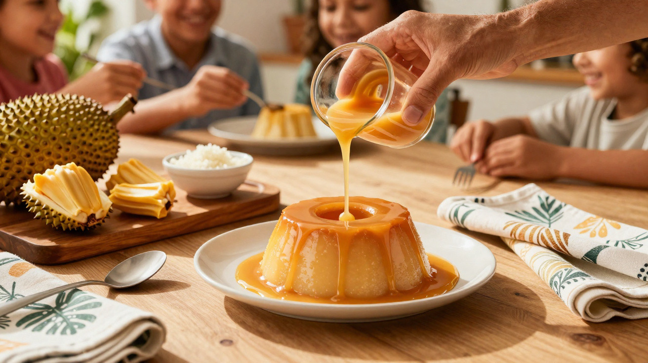 Mano derramando calda sobre pudim de fruta-pão à mesa com crianças ao fundo sorrindo e fruta-pão fatiada.