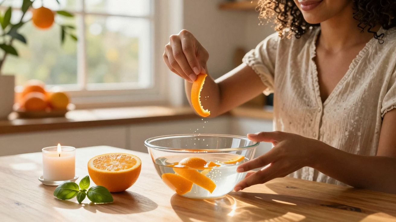 Mulher adiciona casca de laranja em tigela com água na cozinha iluminada pelo sol.