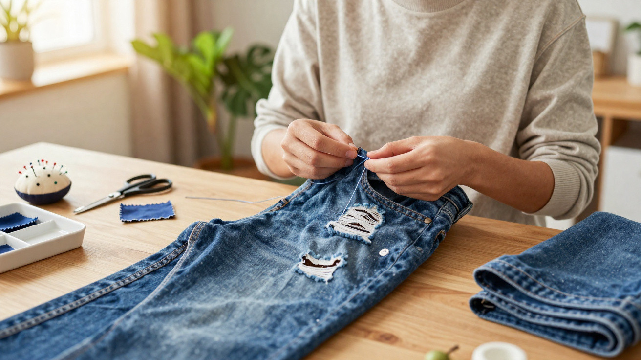 Pessoa costurando para reparar rasgos em calça jeans azul sobre mesa de madeira clara.