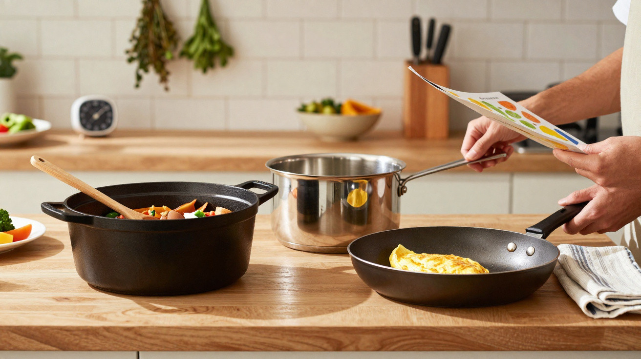 Pessoa cozinhando em cozinha moderna com panela de ferro, panela inox e frigideira com omelete na bancada de madeira.