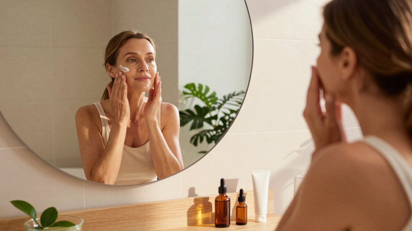 Mulher aplicando creme facial em frente ao espelho no banheiro com frascos de cosméticos na bancada.
