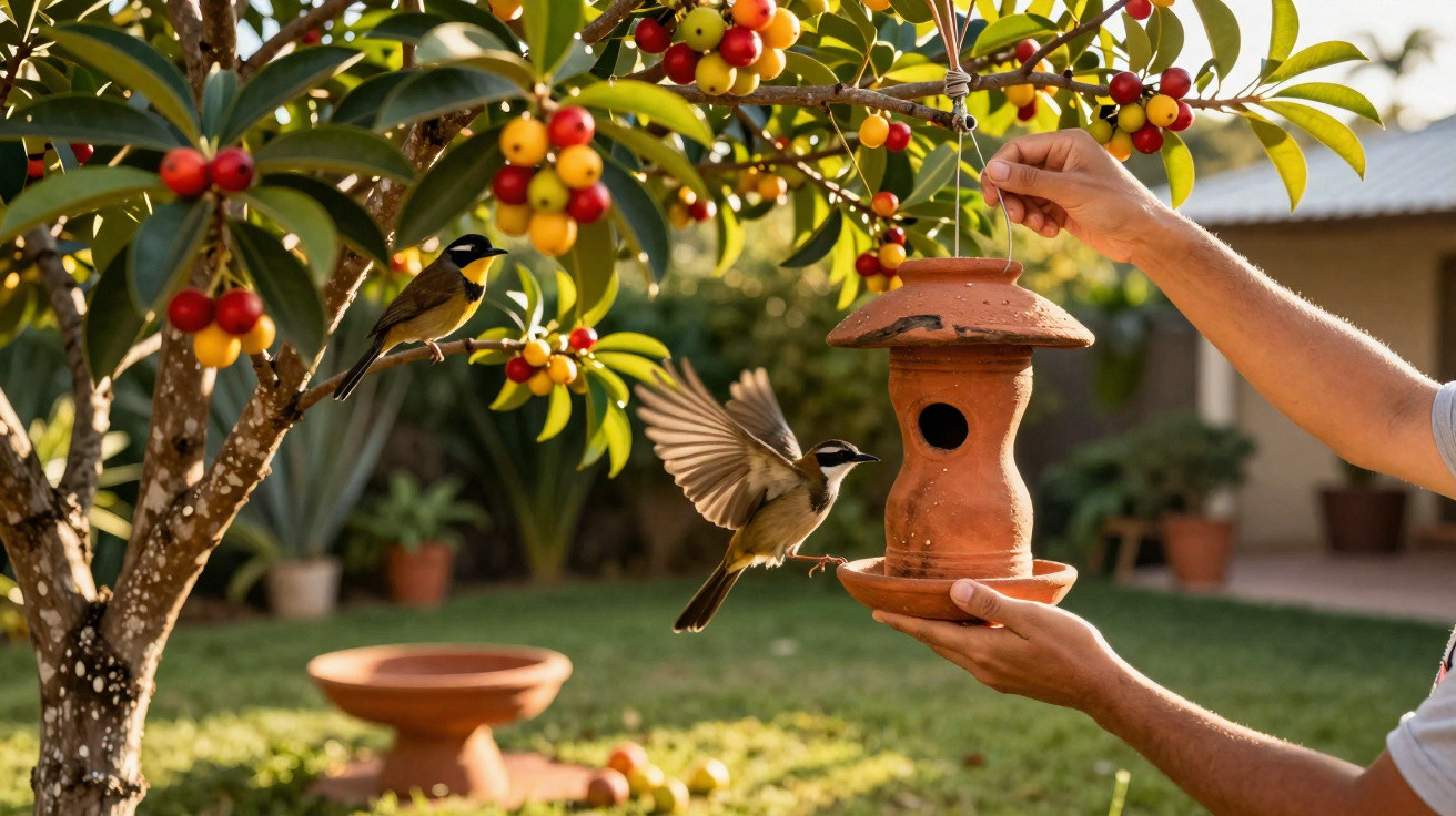 Pássaros se aproximam de comedouro de cerâmica segurado por mãos sob árvore com frutos coloridos no jardim.
