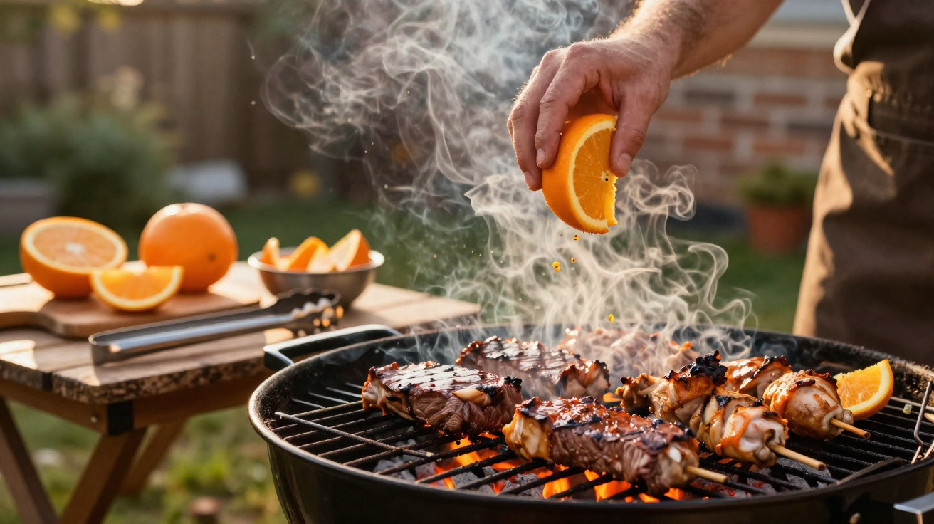 Pessoa espremendo laranja sobre carnes grelhando em churrasqueira a carvão em área externa.