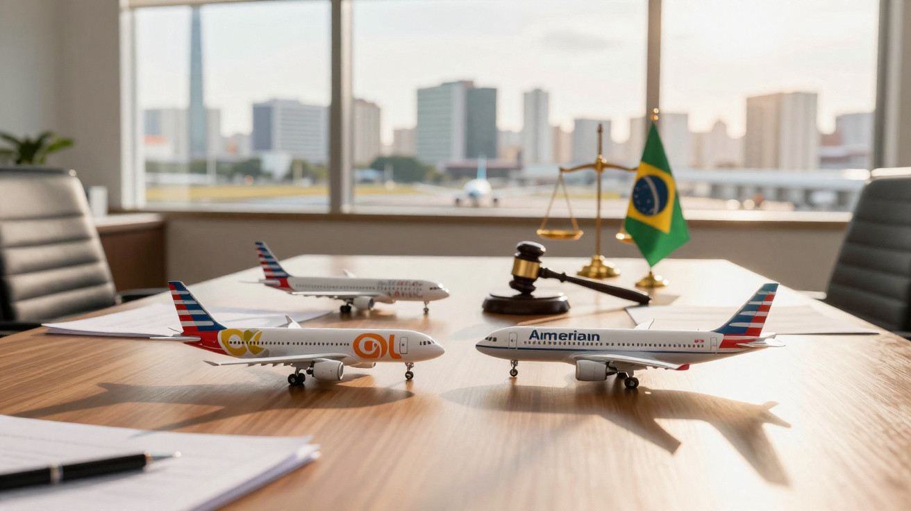 Modelos de aviões em miniatura sobre mesa de reunião com símbolo da justiça e bandeira do Brasil ao fundo.