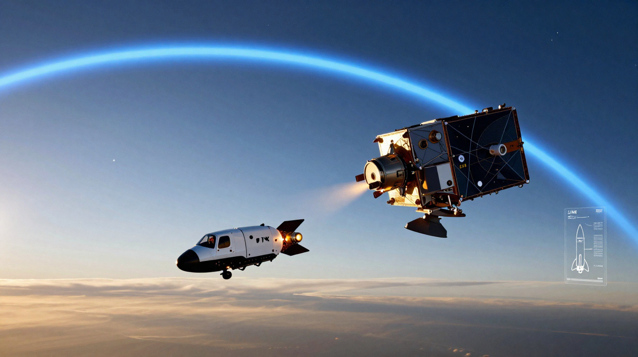 Nave espacial e módulo robótico em órbita ao redor da Terra ao nascer do sol com fundo do planeta e atmosfera visível.