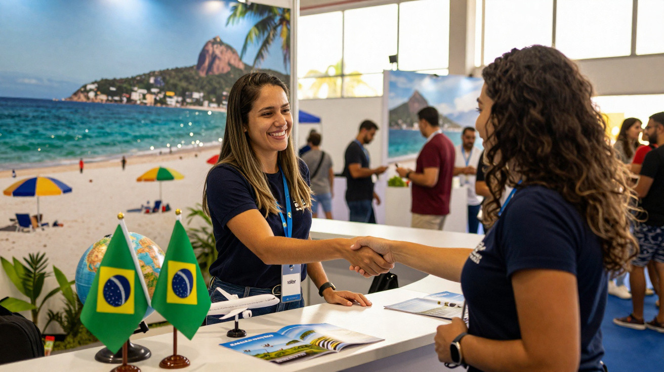 Duas mulheres se cumprimentando com aperto de mão em estande de turismo com bandeiras do Brasil.