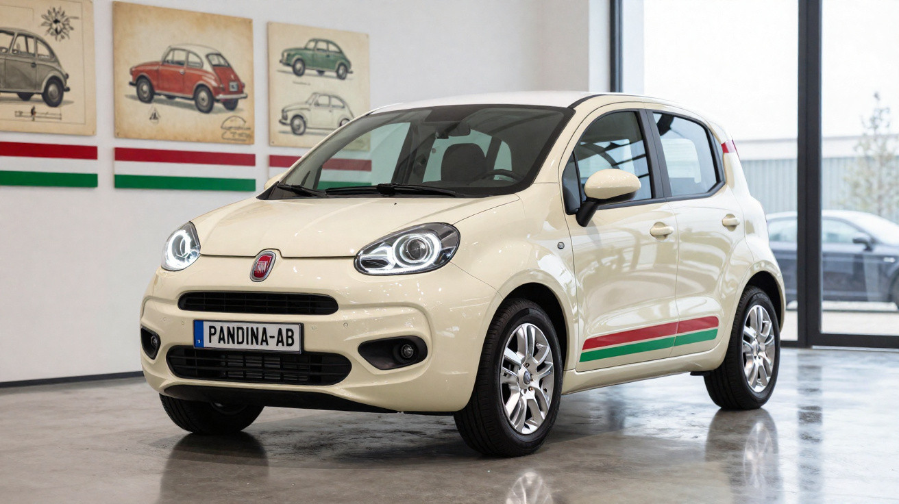 Carro branco Fiat Panda exibido em salão, com faixas verde e vermelha nas laterais e quadros de carros antigos ao fundo.