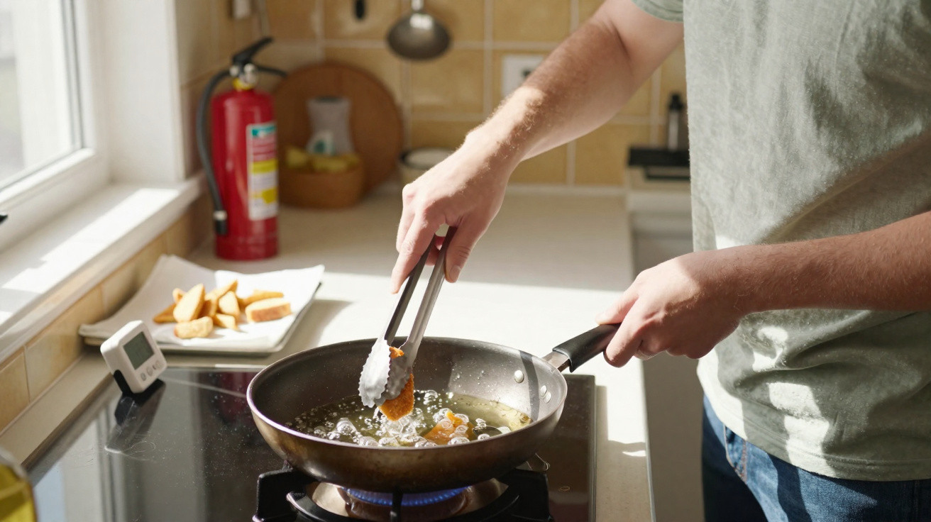 Pessoa fritando comida com pinça em frigideira no fogão em cozinha iluminada por luz natural