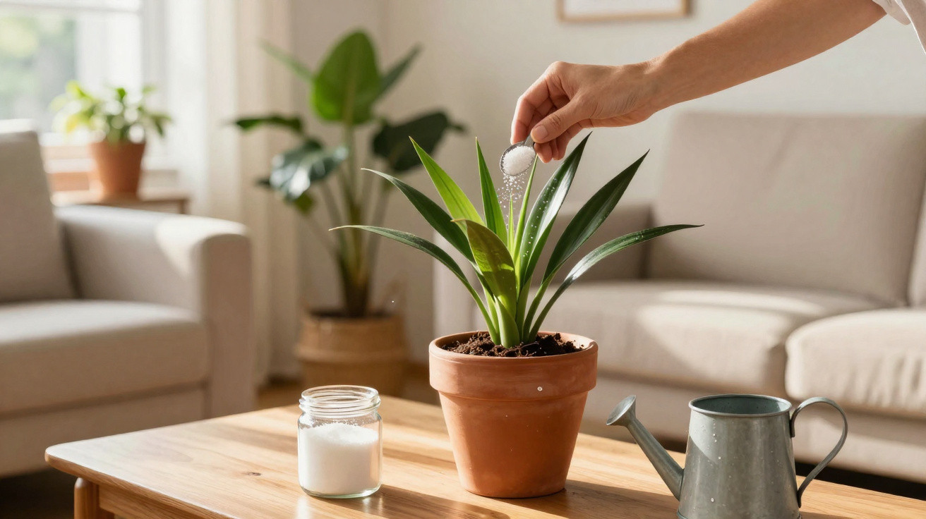 Pessoa aplicando fertilizante em planta verde em vaso de barro sobre mesa de madeira em sala iluminada