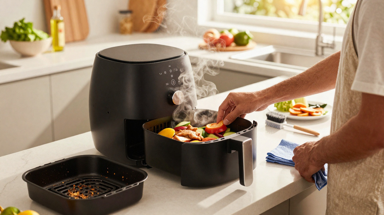 Pessoa retirando alimentos com vegetais coloridos de uma air fryer preta na cozinha bem iluminada.
