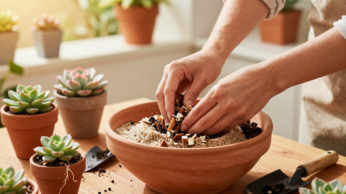 Mãos preparando vaso com terra, pedrinhas e materiais orgânicos para plantar suculentas em mesa com outras plantas.