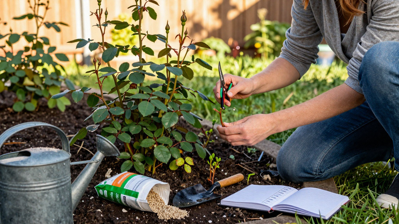 Pessoa podando planta de roseira no jardim, com regador, sementeira, pá e caderno ao lado.