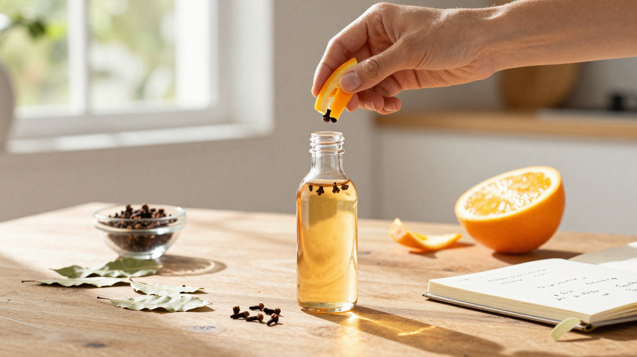 Mão espremendo casca de laranja com cravos dentro de vidro, folhas e caderno sobre mesa de madeira.