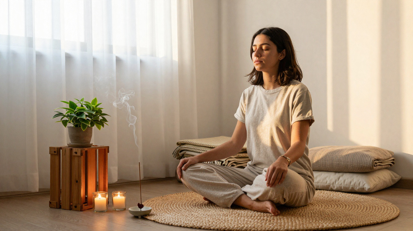 Mulher sentada em posição de lótus meditando em ambiente iluminado com velas e incenso aceso.