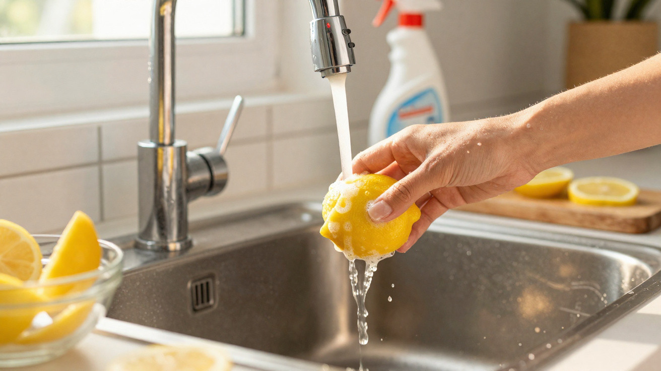 Mão lavando limão na pia da cozinha com água corrente e detergente ao fundo.