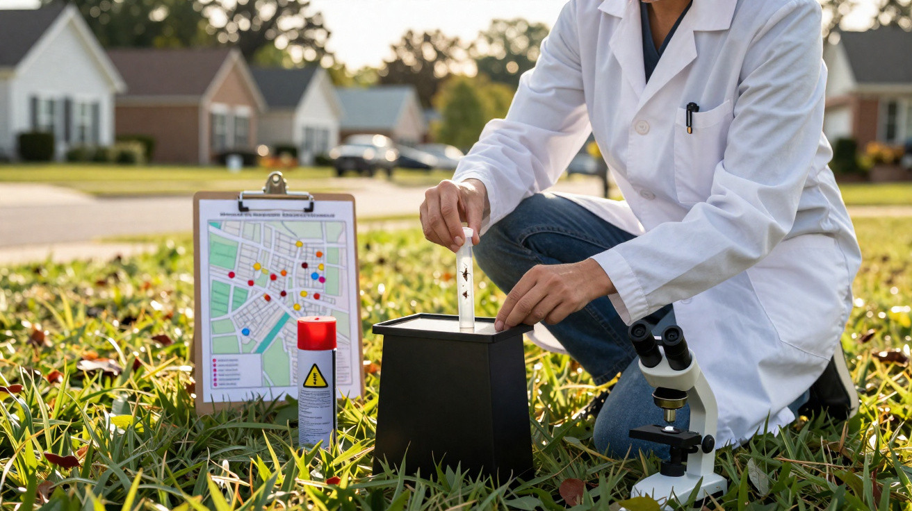 Pesquisador com jaleco coletando amostras ao ar livre, com mapa, spray e microscópio sobre a grama.