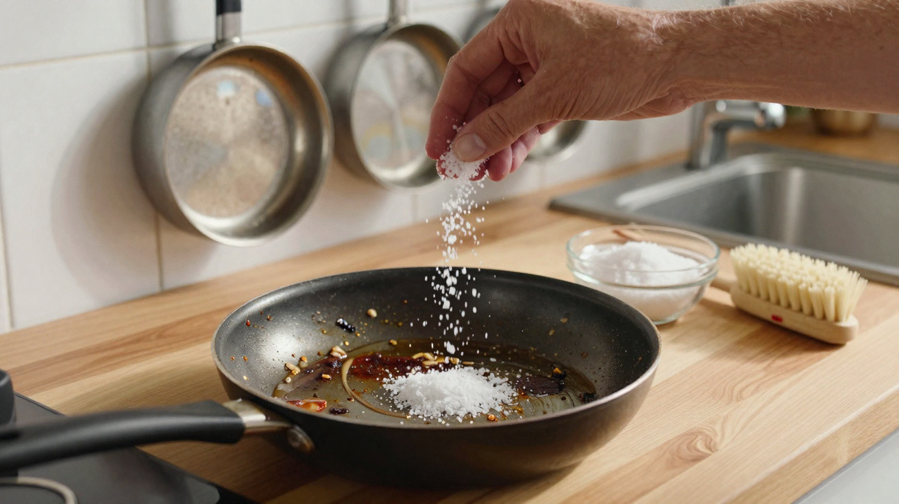 Mão polvilhando sal em frigideira com óleo e temperos sobre bancada de cozinha.