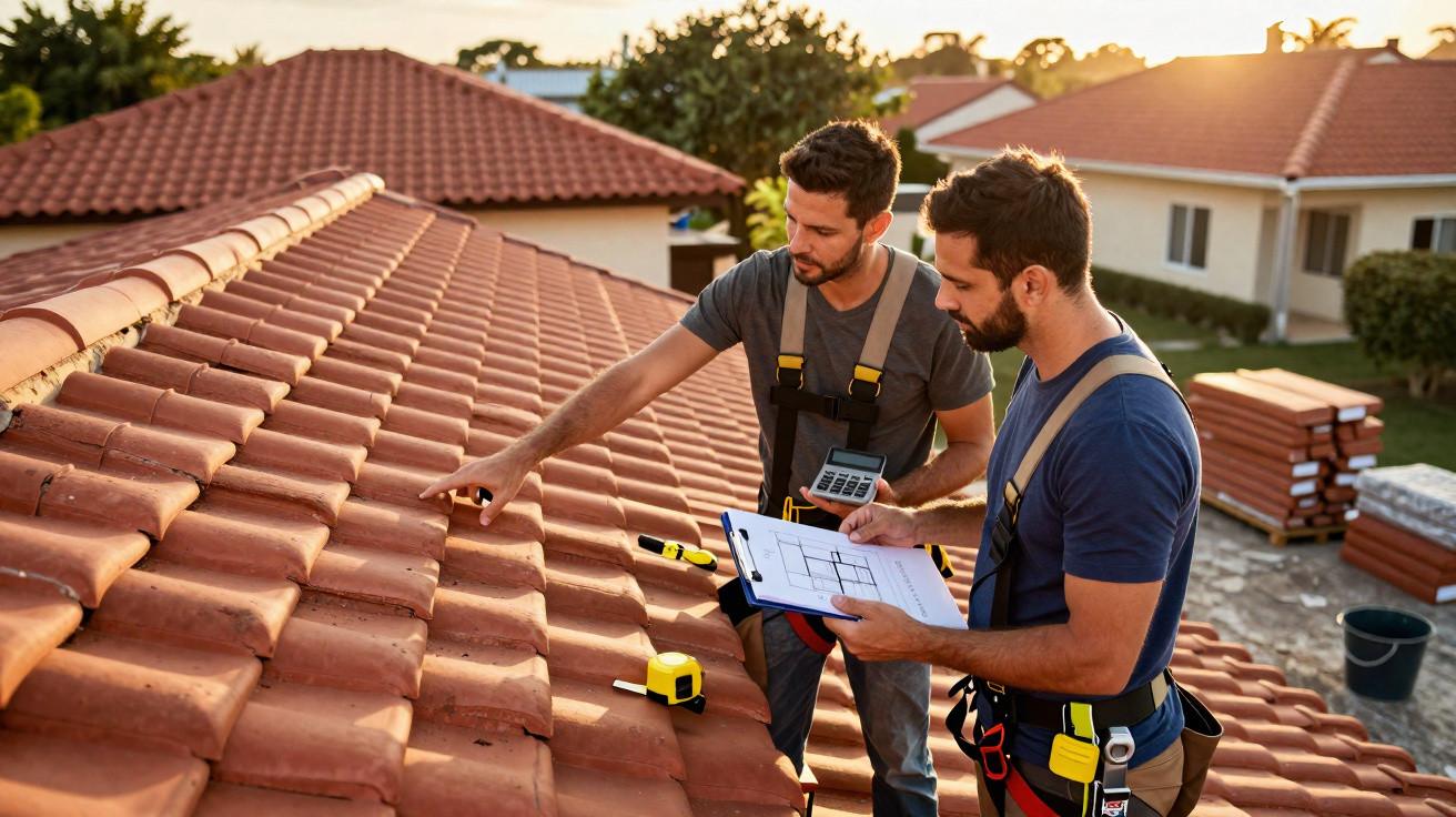 Dois homens com equipamentos de segurança inspecionam telhado de casas em área residencial ao entardecer.