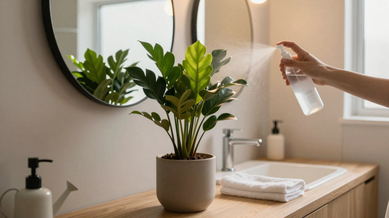 Pessoa pulverizando planta em vaso dentro de banheiro moderno com espelho redondo e bancada de madeira.