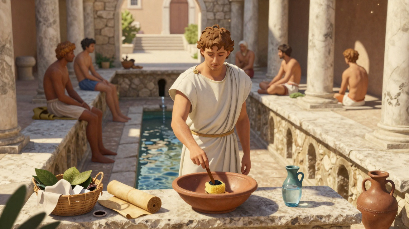 Jovem romano preparando-se para banho em local com piscina e outros homens ao fundo.