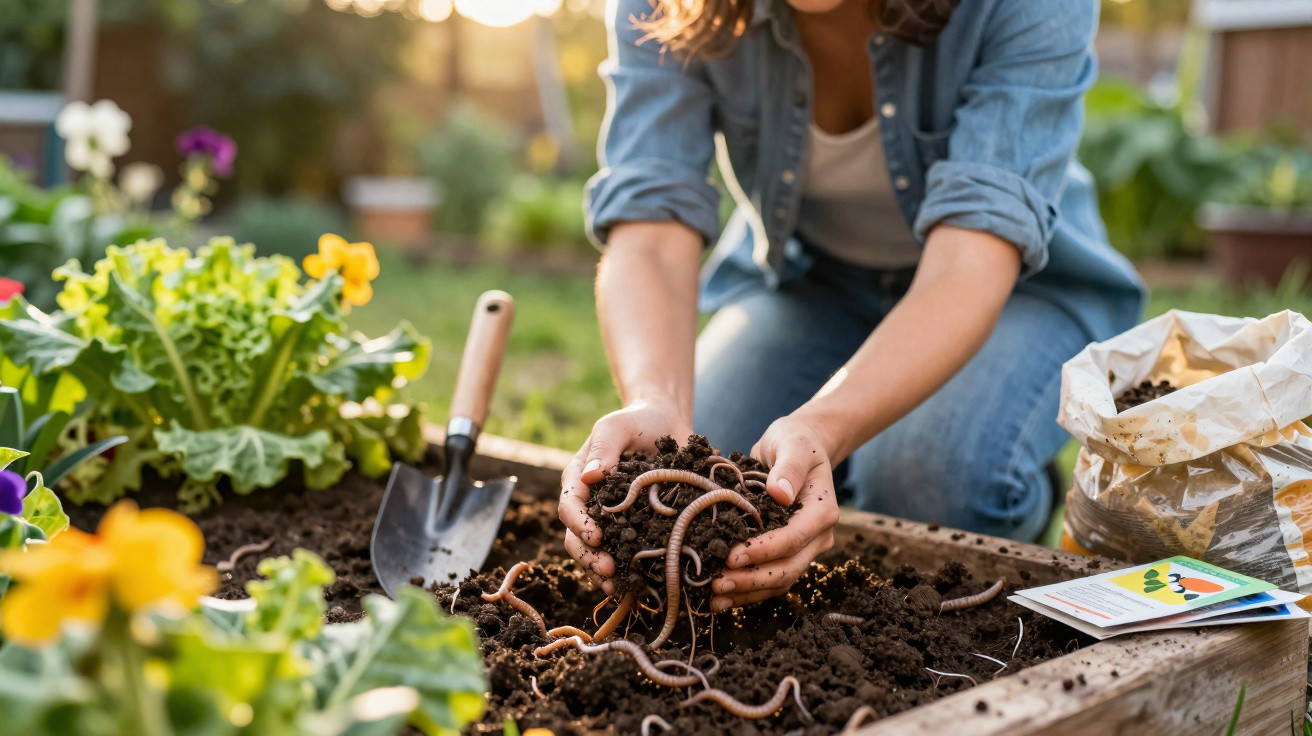 Pessoa segurando terra com minhocas em jardim com flores e ferramenta de jardinagem.