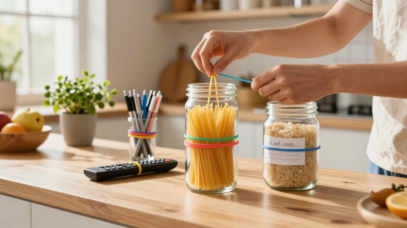 Mãos organizando elásticos coloridos em potes de vidro com macarrão e arroz em balcão de cozinha iluminada.