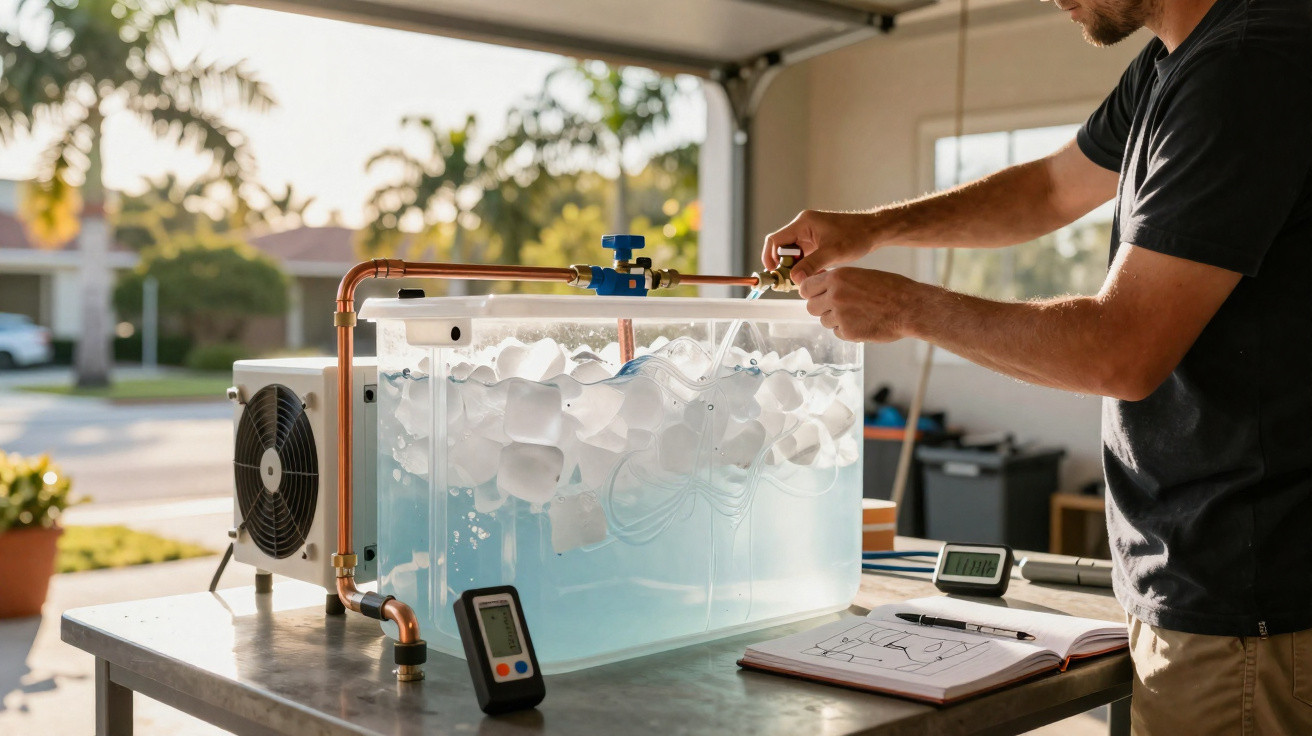 Homem ajusta válvula em tanque transparente cheio de gelo e água em laboratório caseiro.