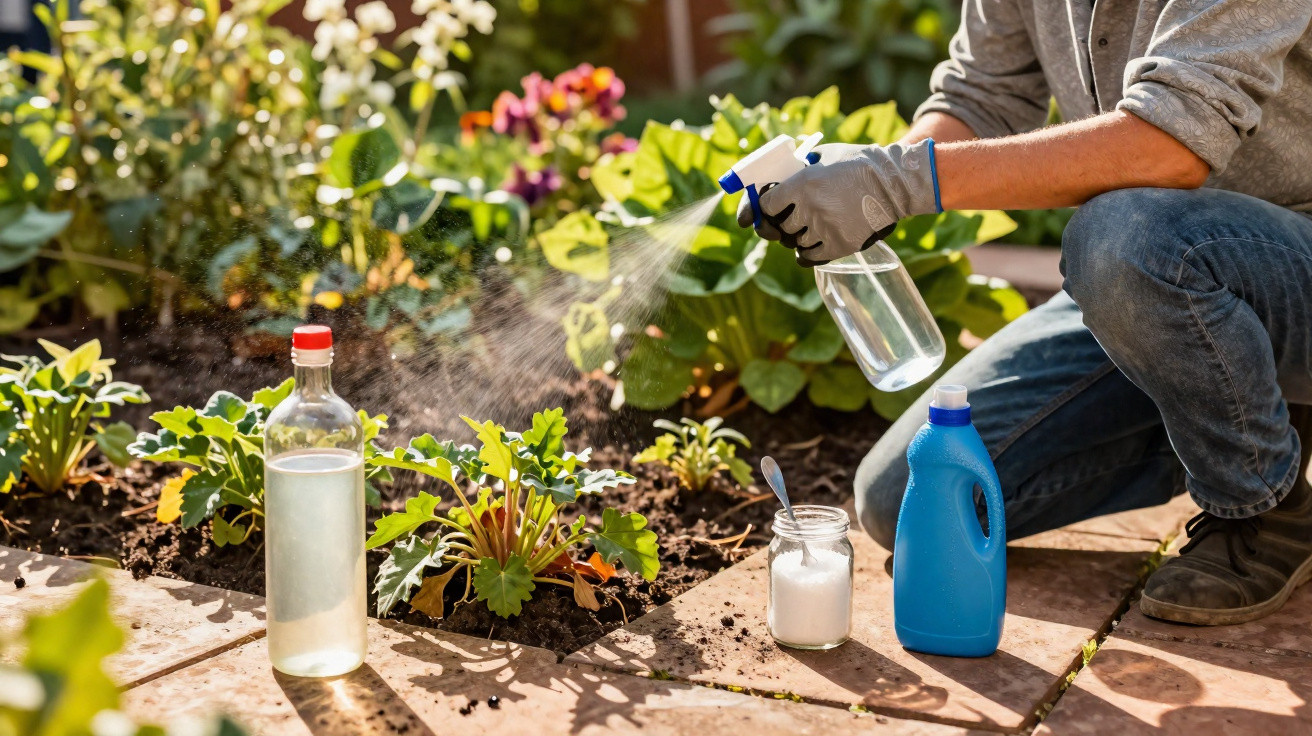 Pessoa regando plantas no jardim com borrifador, usando luvas e rodeada por frascos de líquidos e pó.