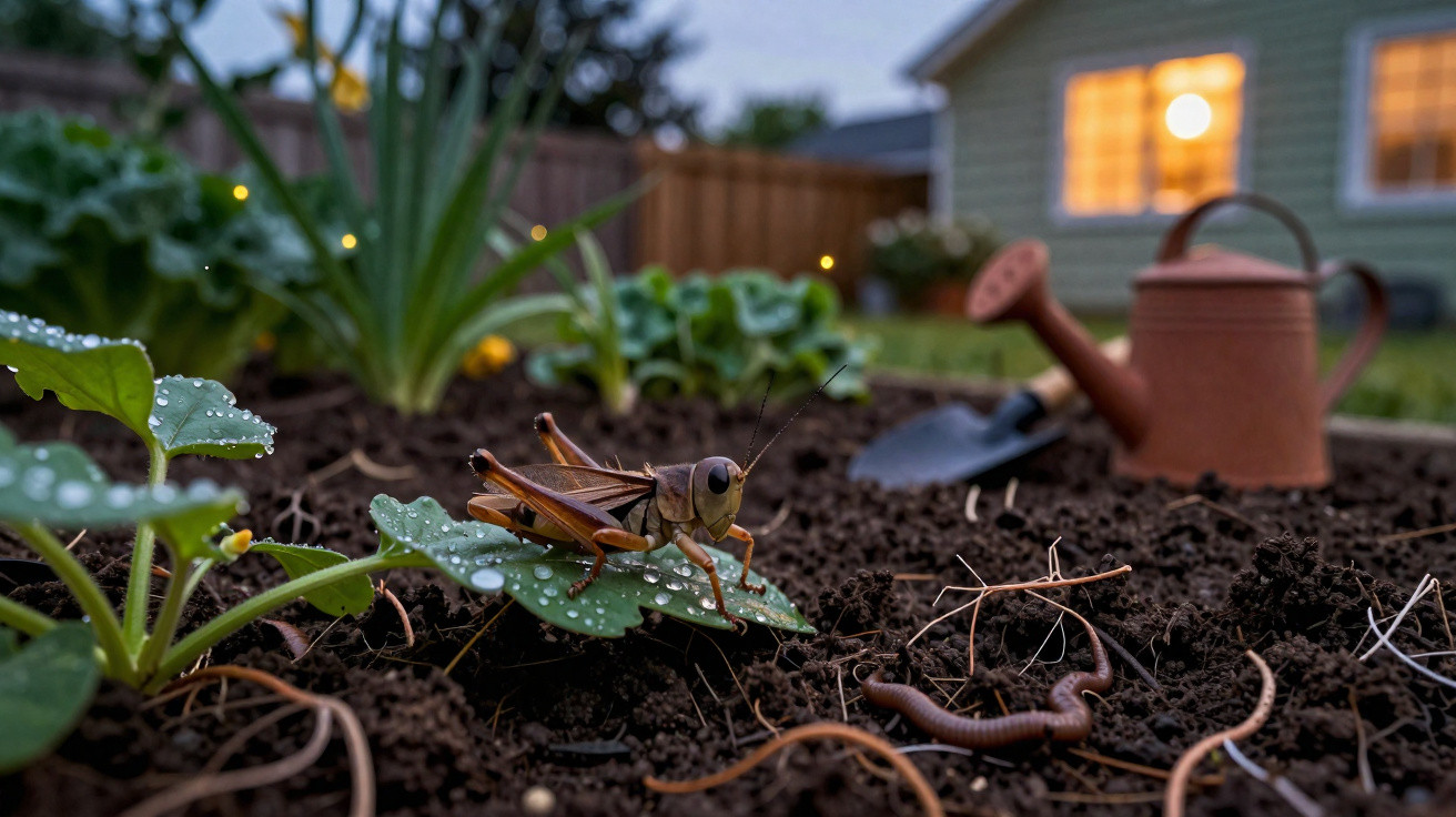 Grilo em folha com gotas de orvalho no jardim com regador, pá e minhoca, casa ao fundo ao entardecer.