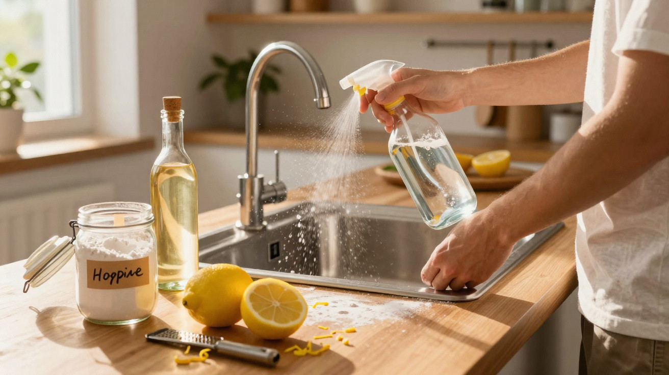 Pessoa borrifando solução caseira para limpar pia de cozinha com limão, vinagre e bicarbonato na bancada.