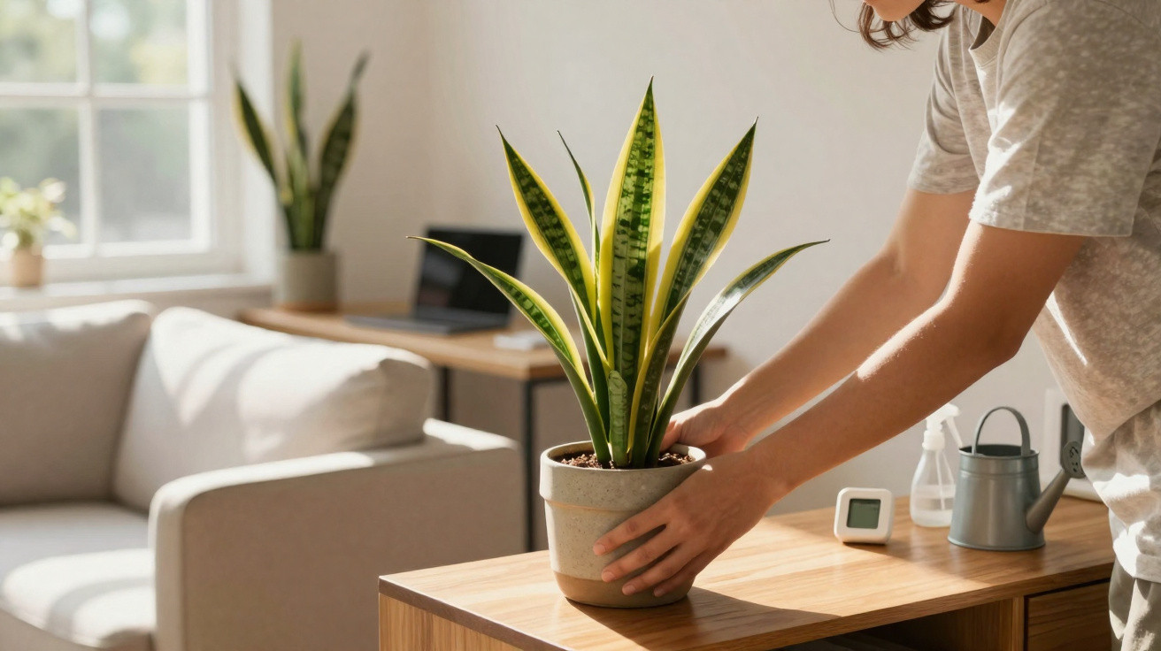 Pessoa colocando vaso de planta suculenta em mesa de madeira em ambiente claro e aconchegante.