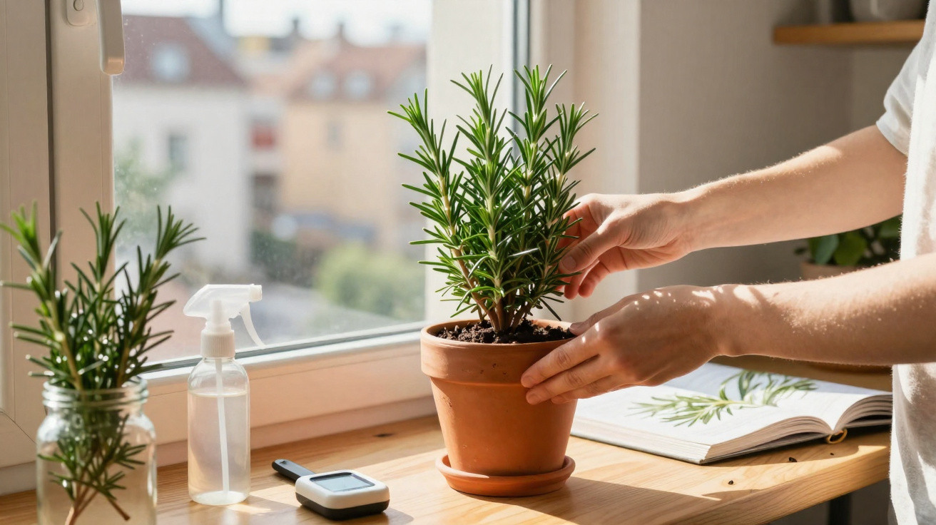 Mãos cuidando de planta em vaso de barro perto de janela com borrifador e livro aberto ao fundo.
