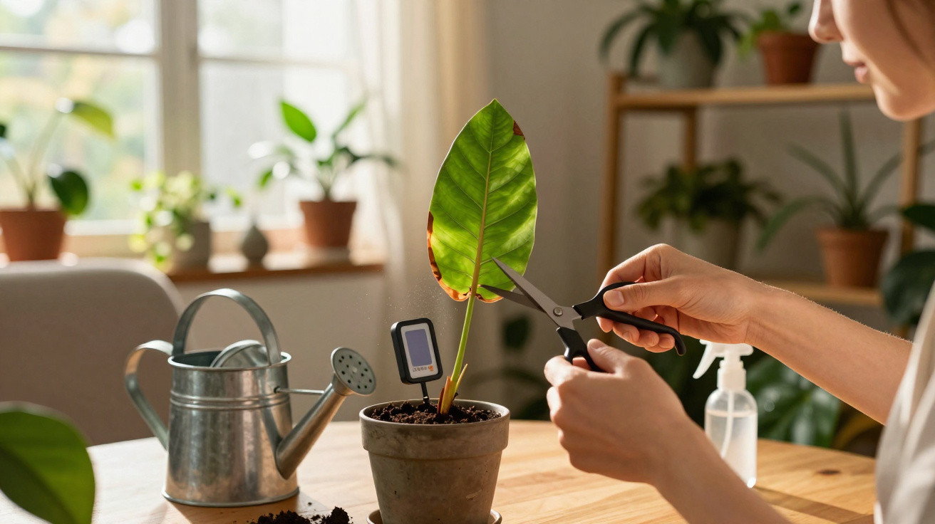 Pessoa podando folha amarela de planta em vaso, com regador e borrifador ao fundo em ambiente interno.
