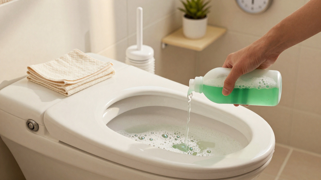 Mão derramando produto de limpeza verde dentro de vaso sanitário branco em banheiro.