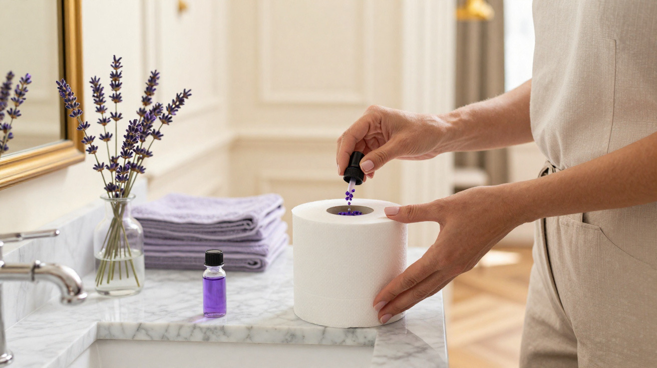 Pessoa colocando gotas de óleo essencial em um rolo de papel higiênico no banheiro decorado com lavanda.