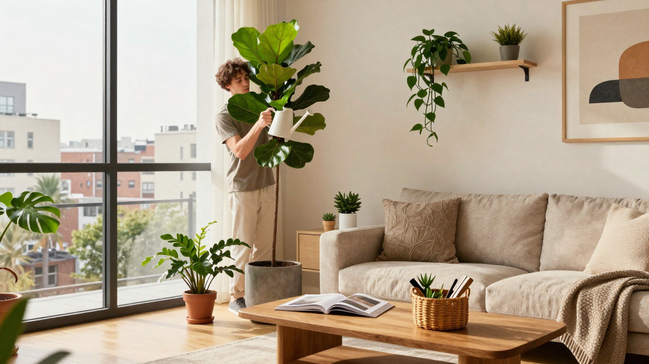 Homem regando planta grande em vaso no canto de sala iluminada com sofá bege e mesa de madeira.