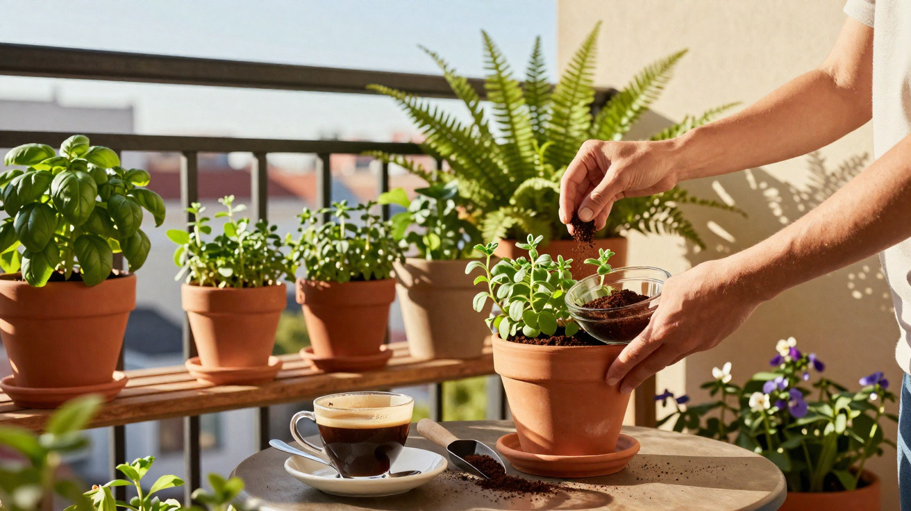 Pessoa cuidando de plantas em vasos no terraço, com xícara de café ao lado em dia ensolarado.