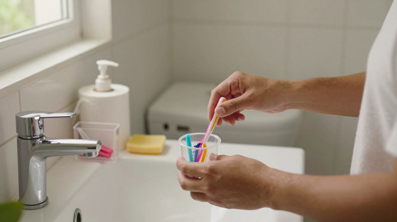 Mãos seguram copo plástico com escovas de dente coloridas próximas à pia de banheiro.