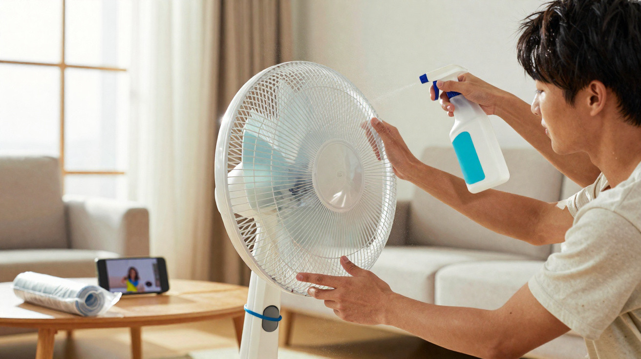 Pessoa limpando a grade de um ventilador branco com um borrifador azul em sala de estar.